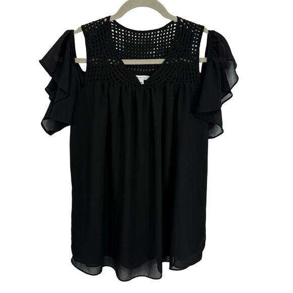 Maette Cold Shoulder Flutter Sleeve Top Women Size Medium Black Chiffon Pullover - Picture 1 of 9
